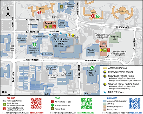 A map showing the FRIB entrances, parking locations, and dining information.