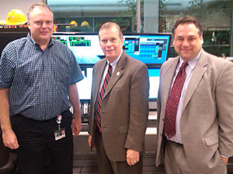 From left: FRIB Project Manager Thomas Glasmacher, Rep. Tim Walberg, and MSU Vice President for Governmental Affairs Mark Burnham visit the NSCL control room on Rep. Walberg's tour of FRIB.