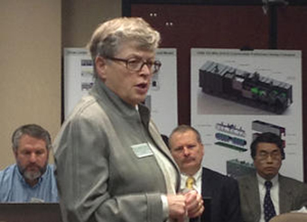 MSU President Lou Anna K. Simon addresses the review committee at the FRIB project readiness review on March 13, 2012.