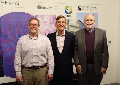Pictured, from left: Sean Liddick, associate professor of chemistry at FRIB and in MSU’s Department of Chemistry, and FRIB associate director for experimental science; George Perkovich; and Sherman Garnett, former dean of MSU’s James Madison College. 