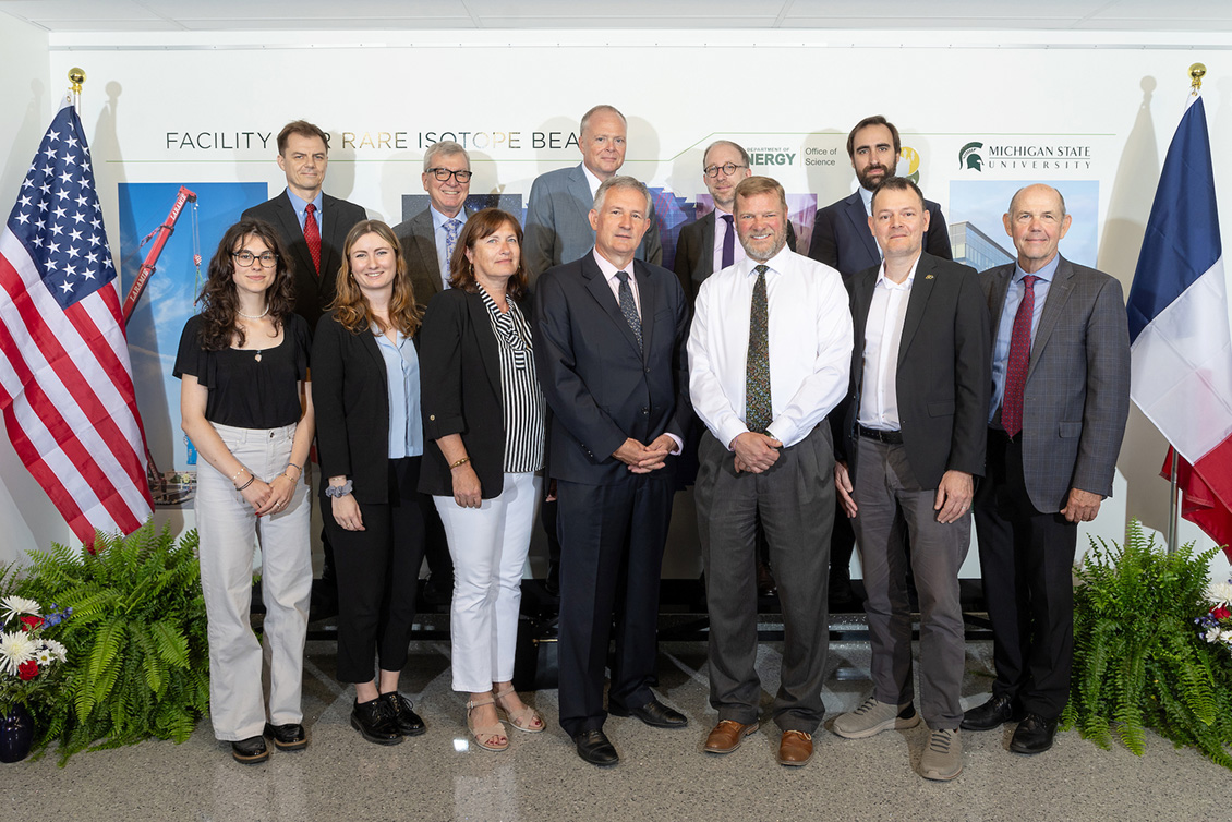 Laurent Bili, the Ambassador of France to the United States, visited FRIB on 22 July. Shown is a group photo of participants, with the American Flag on the left of the group, and the French flag to the right of the group.