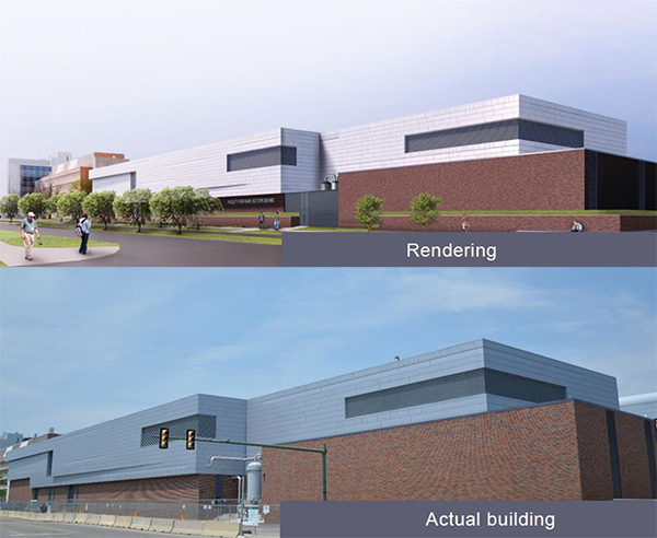 An artist's rendering of the FRIB building and the actual building as seen from the intersection of Bogue Street and Wilson Road.