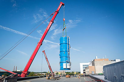 The 100,000-pound vertical cryogenic cold box arrived at FRIB on 10 August. The cold box was built in Oklahoma and arrived to Michigan by way of the Lake Michigan car ferry, SS Badger.