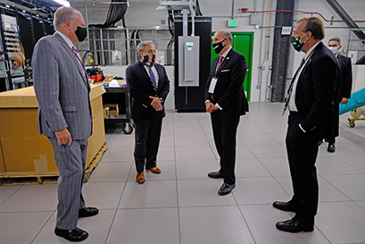 U.S. Secretary of Energy Dan Brouillette (second from left) designated the Facility for Rare Isotope Beams as a U.S. Department of Energy Office of Science user facility 29 September. Prior to the designation, Brouillette and Under Secretary for Science Paul Dabbar (second from right) toured FRIB with MSU President Samuel L. Stanley Jr., M.D. (far right), and FRIB Laboratory Director Thomas Glasmacher (left).