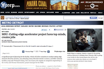 A screenshot of the Detroit Free Press article about the progress and promise of FRIB.