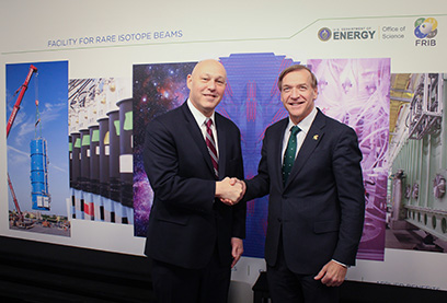 On 13 February, Dr. Chris Fall, director of the U.S. Department of Energy’s Office of Science, visited FRIB for a tour of the facility. Above, Dr. Fall (left) is pictured with Michigan State University President Samuel L. Stanley Jr., M.D. (right), who welcomed Director Fall to MSU.