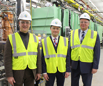 U.S. Department of Energy Office of Science Senior Advisor Kurt Heckman (left), and Special Assistant Troy Hall (middle), visited FRIB on 2 April. FRIB Laboratory Director Thomas Glasmacher (right) provided a tour of the facility.