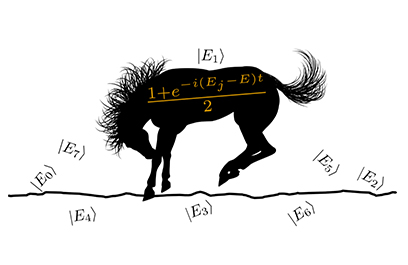 A black horse surrounded by examples of quantum states that the horse is shaking off. The rodeo algorithm is written in the center of the horse.