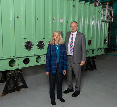 Jill Hruby, Under Secretary for Nuclear Security of the U.S. Department of Energy and Administrator of the National Nuclear Security Administration, (left) toured the FRIB Laboratory on 5 May. FRIB Laboratory Director Thomas Glasmacher (right) escorted her through the laboratory.