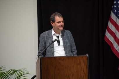 International Research Laboratory on Nuclear Physics and Astrophysics (IRL NPA) Director Jérôme Margueron speaks during the agreement signing to establish the IRL NPA during a ceremony at the Facility for Rare Isotope Beams (FRIB) at Michigan State University. 