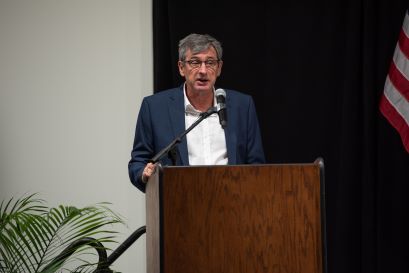 International Research Laboratory on Nuclear Physics and Astrophysics (IRL NPA) Co-Director Oscar Naviliat-Cuncic speaks during the agreement signing to establish the IRL NPA during a ceremony at the Facility for Rare Isotope Beams (FRIB) at Michigan State University. 