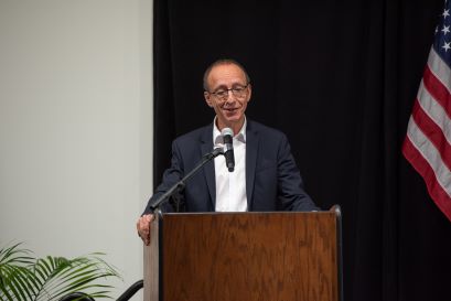 Reynald Pain, director of the Centre National de la Recherche Scientifique’s French National Institute of Nuclear and Particle Physics, or IN2P3, speaks during the agreement signing to establish the International Research Laboratory on Nuclear Physics and Astrophysics (IRL NPA) during a ceremony at FRIB at Michigan State University. 