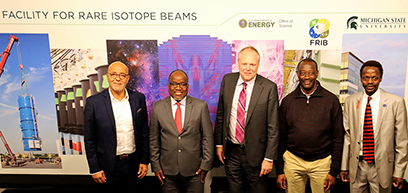 Pictured, from left: iThemba LABS Managing Director Faïçal Azaiez, National Research Foundation of South Africa Deputy Chief Executive Officer Clifford Nxomani, FRIB Laboratory Director Thomas Glasmacher, iThemba LABS Deputy Director of Research Rudolph Nchodu, iThemba LABS Deputy Director of Training, International Relations and Institutional Performance Rudzani Nemutudi.