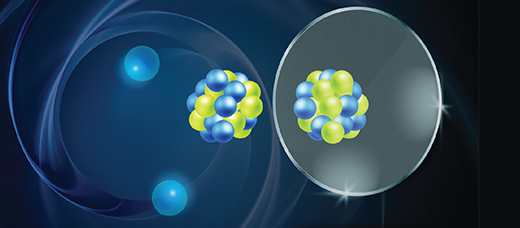 The FRIB Laboratory can use the charge radii of a pair of mirror nuclei as one way to study the nature of neutron stars. This pair is shown in the illustration in the looking glass. (Image credit: Facility for Rare Isotope Beams) 