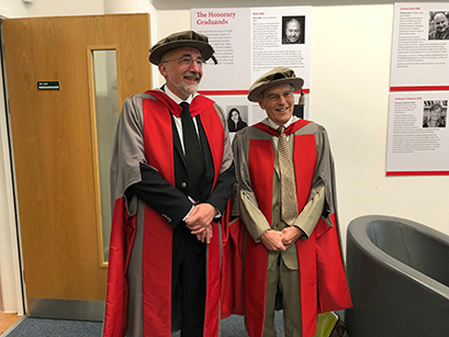 Witek Nazarewicz, Hannah Distinguished Professor of Physics at MSU and chief scientist at FRIB, (left) and Dr. Richard Henderson, the Nobel Laureate 2017 in Chemistry, (right) were two of the recipients of honorary degrees from the University of York.