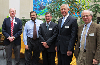 Pictured below, from left, are PPAC members James Duderstadt (President Emeritus, University of Michigan), William Barletta (Director of the US Particle Accelerator School, Massachusetts Institute of Technology), Dean Helms (U.S. Department of Energy, retired), James Decker (DOE Office of Science, retired), and James Symons (Director, Nuclear Science Division, Lawrence Berkeley National Laboratory). William Madia (Vice President, SLAC National Accelerator Laboratory) was unable to attend.