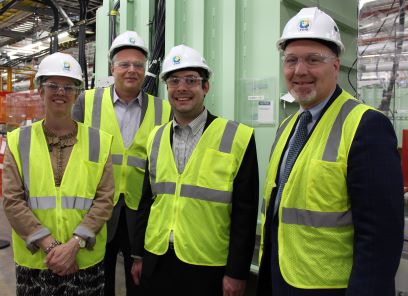 From left, State Representative Julie Brixie, FRIB Laboratory Director Thomas Glasmacher, Legislative Director Nick Plescia from State Senator Rick Outman’s office, and MSU Associate Vice President for State Relations David Bertram toured FRIB on 15 May.