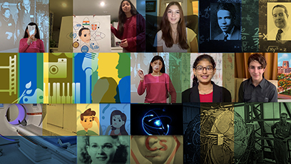 A collage of scientists and engineers, graphics of scientific equipment, and photos of participants in the 'Distinguished Trailblazers in the Sciences' competition.