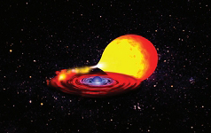 Artist’s view of a neutron star that accretes matter from a companion. The accretion leads to explosions that are powered by nuclear reactions involving rare isotopes. Our goal is to understand these reactions well enough so we can extract information about neutron stars from space based X-ray observations.