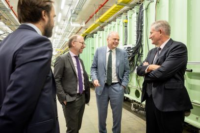 From left, Political Counselor Hugo Vergès, Consul General of France in Chicago Yannick Tagand, FRIB Laboratory Director Thomas Glasmacher, Ambassador of France to the United States Laurent Bili tour the Facility for Rare Isotope Beams.
