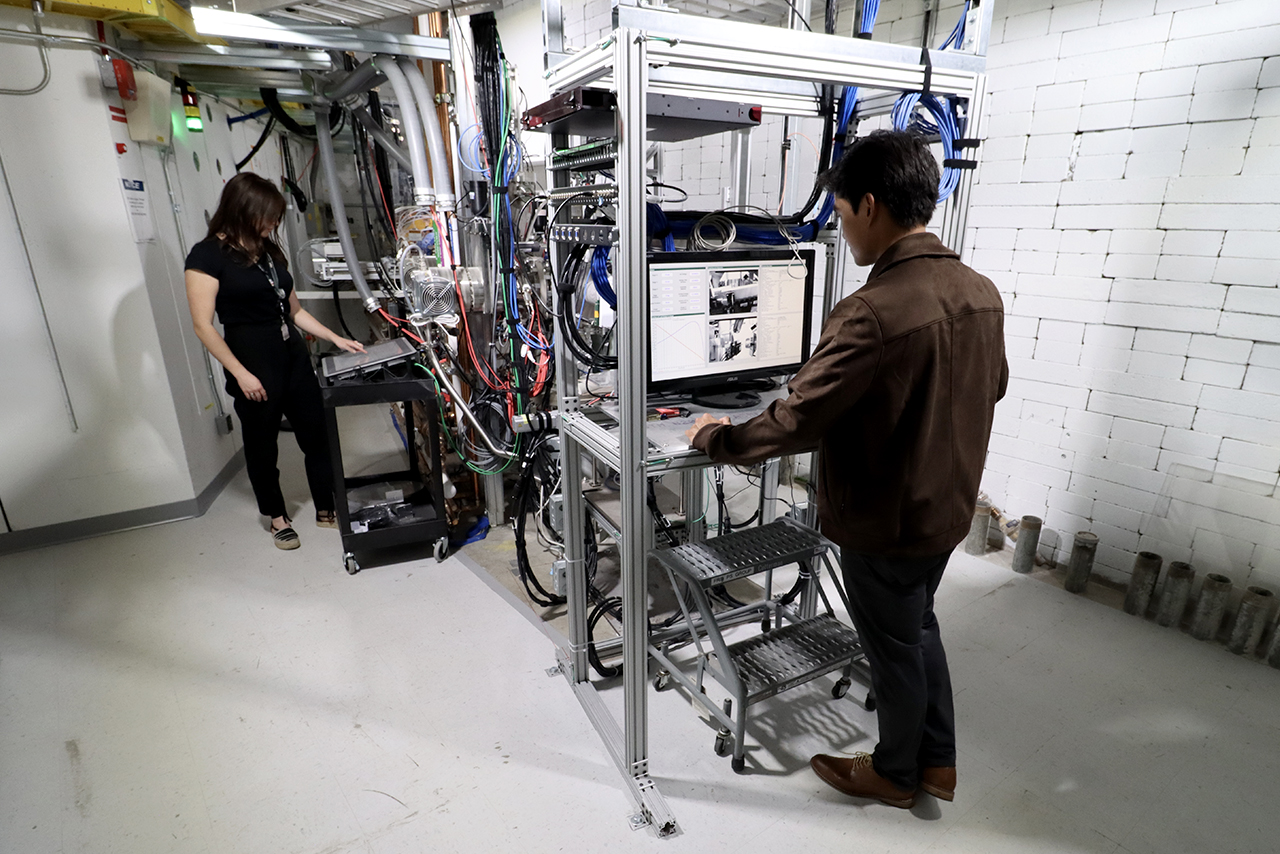 An experiment being prepared for testing in the testing vault of the K500 Chip Testing Facility