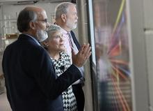 Pictured, from left: FRIB Scientific Director Bradley M. Sherrill, Rose Gottemoeller, and Sherman Garnett, former dean of MSU’s James Madison College.