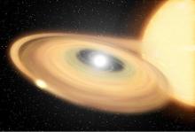 An illustration of a classical nova, shows a bright white dwarf star near the center accumulating fuel in an orange disc from its neighboring main sequence star (shown in bright orange).